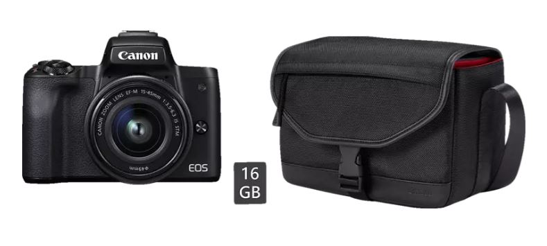 CANON EOS M50 Systemkamera Kit mit 15-45 mm Objektiv, Tasche und 16GB Speicherkarte für nur 444,- Euro