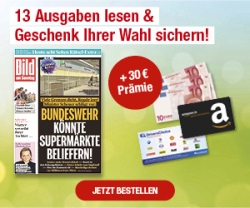 Knaller! 13 Ausgaben BILD am Sonntag für nur 31,85 Euro und dazu 30,- Euro Amazon Gutschein oder Cashback Prämie