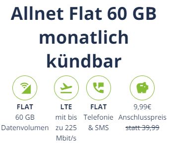 o2 Allnet Flat 60 GB für nur 24,99€/Monat + einmalig 9,99€ Anschlusspreis – monatlich kündbar!