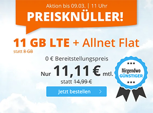 Sim.de LTE Allnet-Flat mit 11 GB Datenvolumen für nur 11,11 Euro monatlich