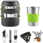Awroutdoor Camping Kochgeschirr Set aus Aluminium (9-teilig, Töpfe, Becher, Besteck und Gaskocher) für 20,99€