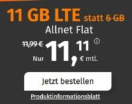PremiumSIM LTE Allnet-Flat mit 11 GB Daten für 11,11€ pro Monat