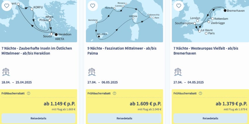 TUI Cruises Kreuzfahrten schon ab 449€ p.P. | Bis zu 200€ p.P. Frühbucher Rabatt - Auch die neue Mein Schiff Relax
