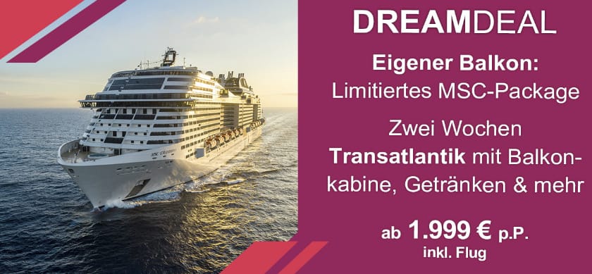 Nur bis Montag: Dreamlines DreamDeal - 15 Nächte Transatlantik-Kreuzfahrt, Balkonkabine, Rail & Fly, Flug und Getränkepaket