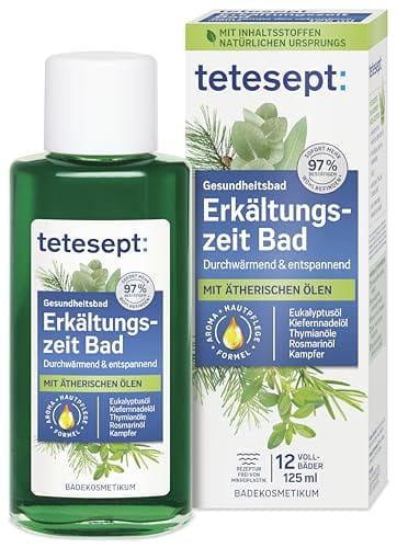 tetesept Erkältungszeit Bad – 1 x 125 ml – Gesundheitsbad für die kalte Jahreszeit mit 5 ätherischen Ölen – Wohltuender Badezusatz zur Entspannung von Körper und Geist tetesept Erkältungszeit Bad