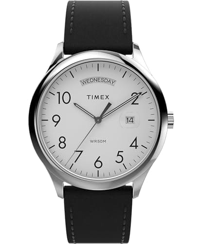 Timex Easy Reader Herren-Armbanduhr, 40 mm, schwarzes Lederarmband, weißes Ziffernblatt, silberfarbenes Gehäuse Timex Easy Reader Herren-Armbanduhr