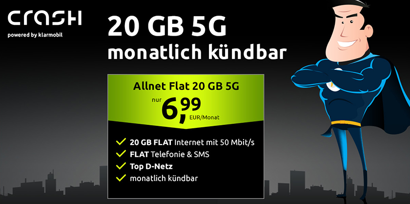 Crash 5G Allnet-Flat mit 20 GB im Vodafone-Netz für 6,99€ mtl. – monatlich kündbar!