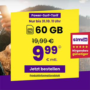 Sim24 Allnet Flat (bis 50 Mbit/s) – z.B. 10 GB Allnet Tarif für nur 3,99€ mtl. oder 60 GB für mtl. 9,99€