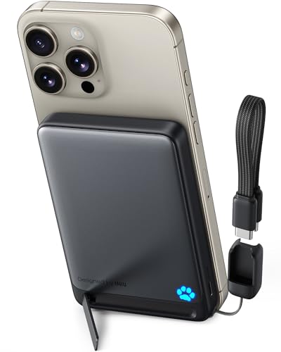INIU Magnetische Powerbank, 45W 10000mAh mini Power Bank, Qi2-zertifiziert Ultra-schnelles, mit Schlüsselband USB C Kabel & Ständer, MagSafe-kompatible Powerbank nur für iPhone 16 15 14 13 12 Serie