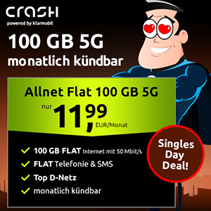 Crash 5G Allnet-Flat mit 100 GB im Vodafone-Netz für 11,99€ mtl. – monatlich kündbar!