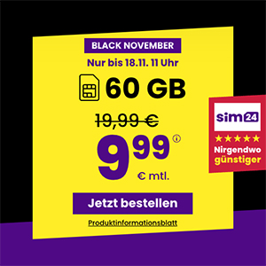 Sim24 Allnet Flat (bis 50 Mbit/s) – z.B. 10 GB Allnet Tarif für nur 3,99€ mtl. oder 60 GB für mtl. 9,99€