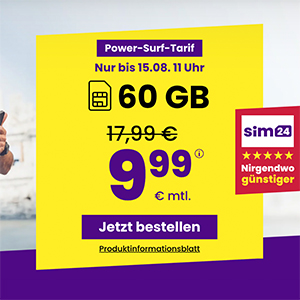 Sim24 Allnet Flat (bis 50 Mbit/s) – z.B. 10 GB Allnet Tarif für nur 3,99€ mtl. oder 60 GB für mtl. 9,99€