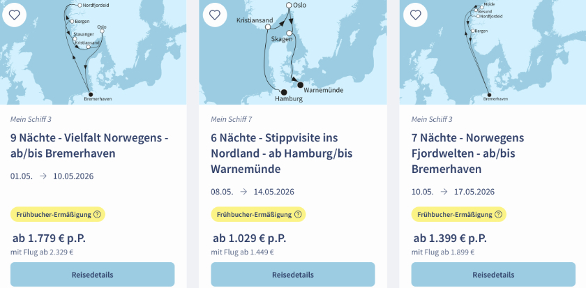 TUI Cruises: Frühbucher-Angebote für Sommer 2026 mit bis zu 360€ Preisvorteil pro Person