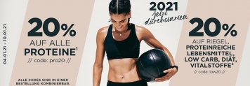 20% Rabatt auf alle Proteine und 20% auf proteinreiche Lebensmittel, Low Carb, Diät und Vitalstoffe bei Fitmart.de