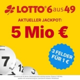 Heute 5 Mio. Lotto Jackpot: 3 Felder Lotto 6-aus-49 für 1€ bei Tippland.de – Neukunden