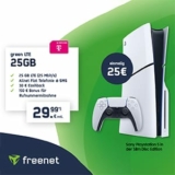 Top! freenet Telekom Green LTE Allnet-Flat mit 25 GB für mtl. 29,99€ + 30€ Cashback + 150€ Bonus + Playstation 5 Slim für 25€